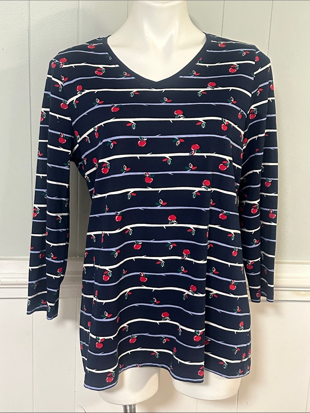 Kim Rogers Navy Cherry-Print V-Neck Long Sleeve Top